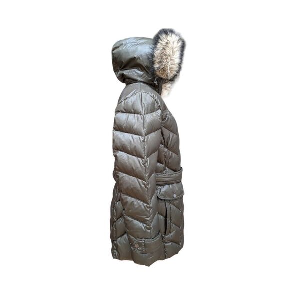 Land's End Knee Length Parka Quilted Puffer Faux Fur Hood Belted L 14-16 Olive - Picture 4 of 11